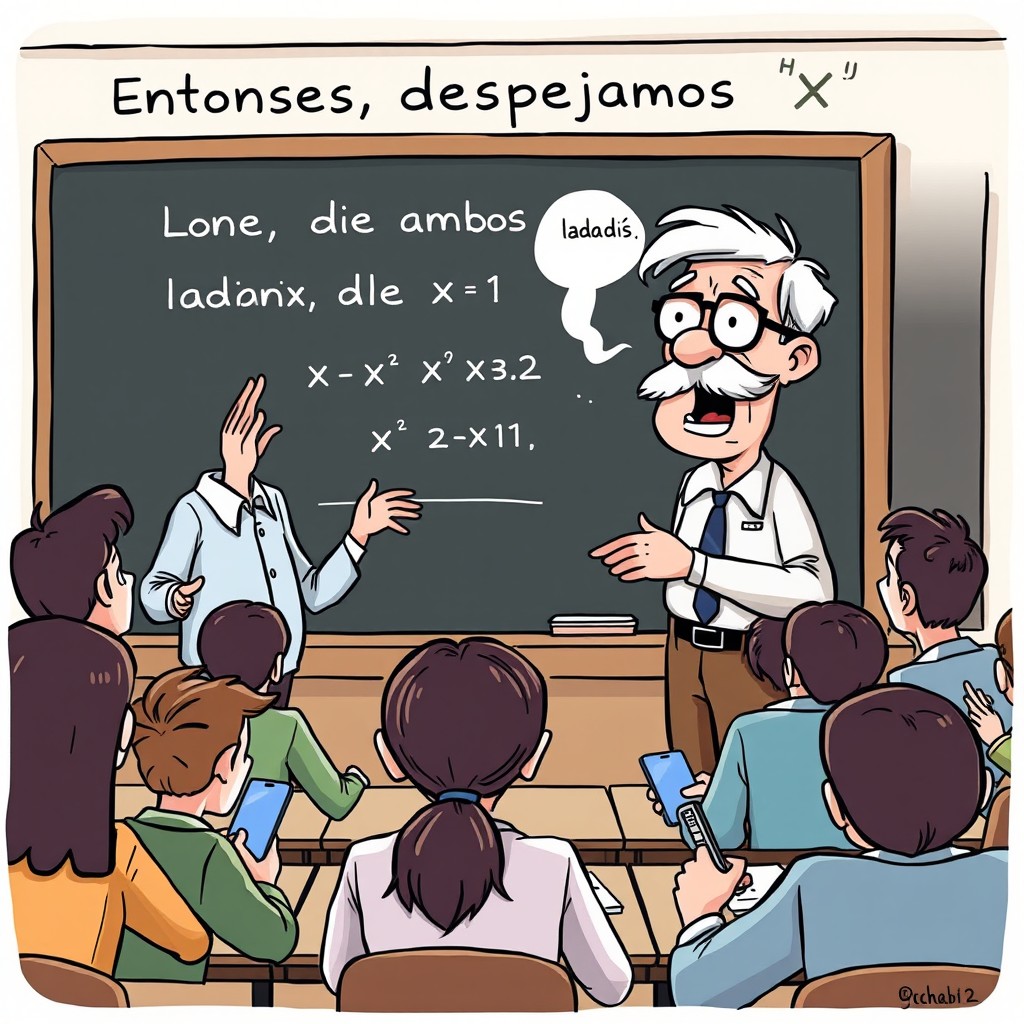 A cartoon scene depicting a 50-year-old male teacher with a mustache and glasses standing in front of a blackboard, passionately explaining a math problem