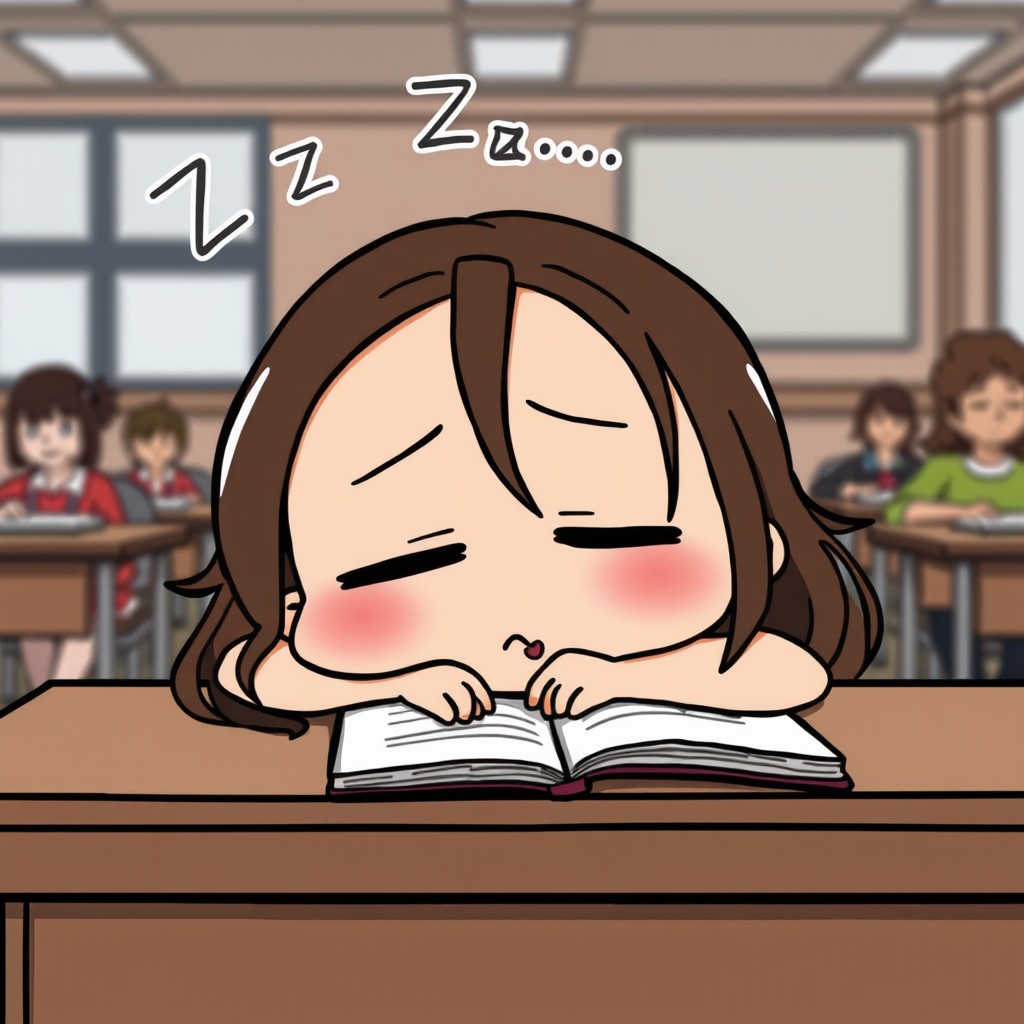 A cartoon scene featuring Alumna 2, who is asleep on her notebook, with her head resting on her arms