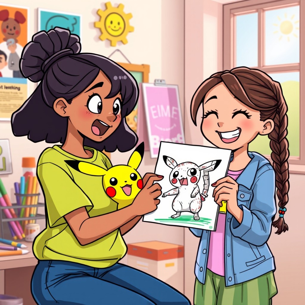 A colorful cartoon scene featuring Alumna 2 excitedly showing her drawing to Alumna 3
