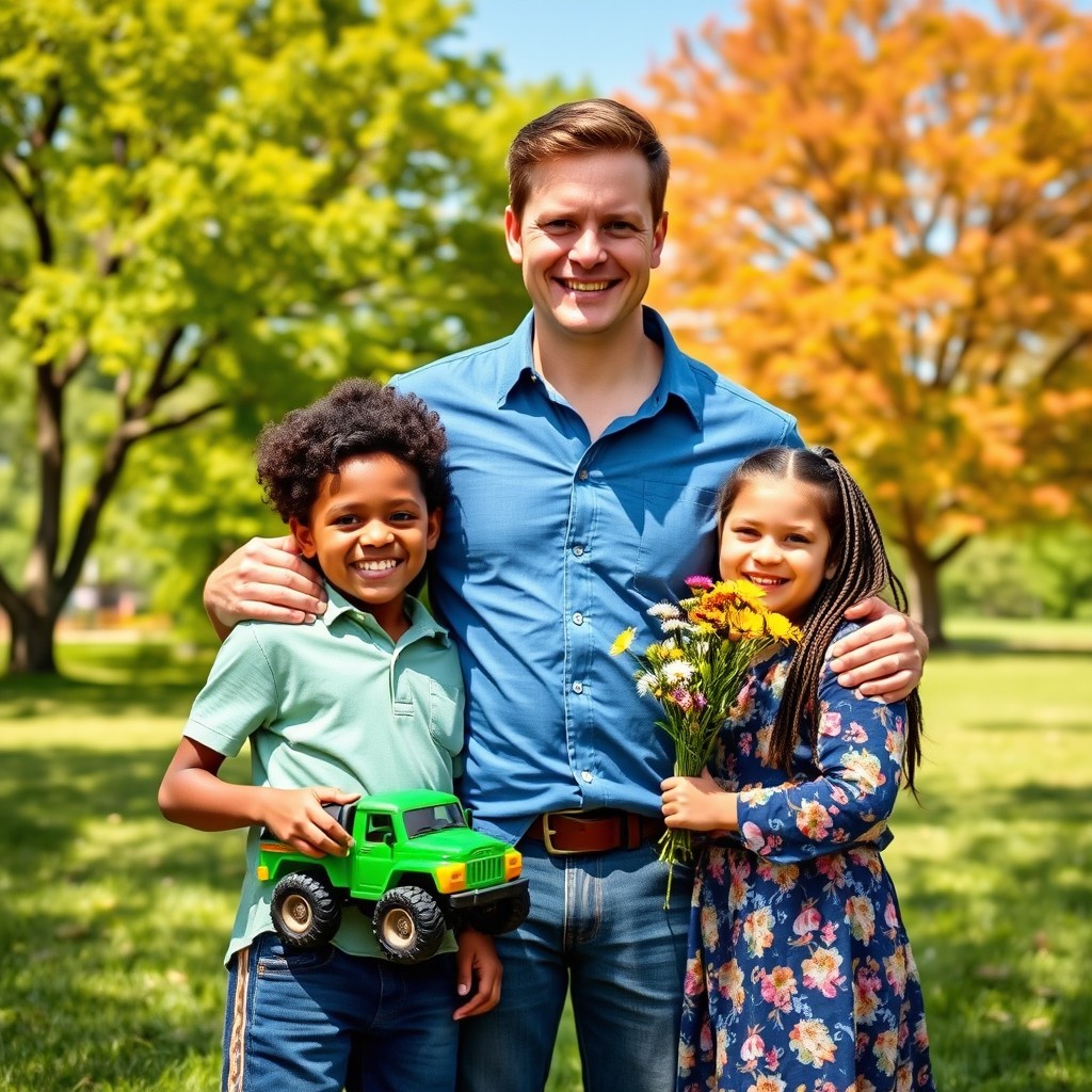 A warm and inviting family portrait featuring a diverse family of four, including a father, mother, and two children, smiling happily together in a lush green park during a sunny day