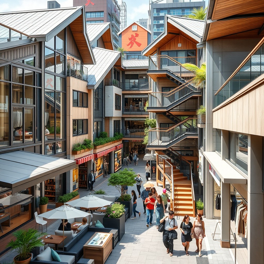A vibrant Japanese-style shopping street with modern architecture featuring sloping roofs