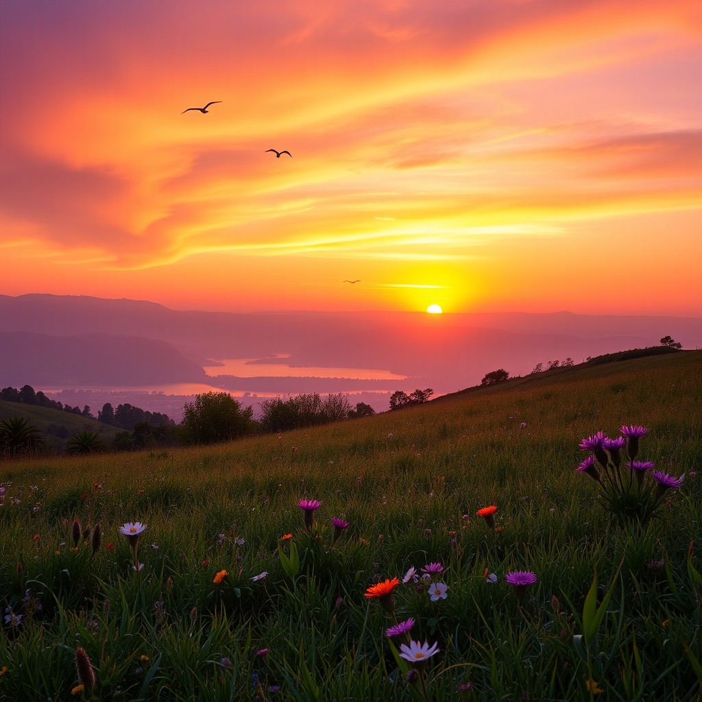 A serene morning scene capturing a vibrant sunrise over a tranquil landscape