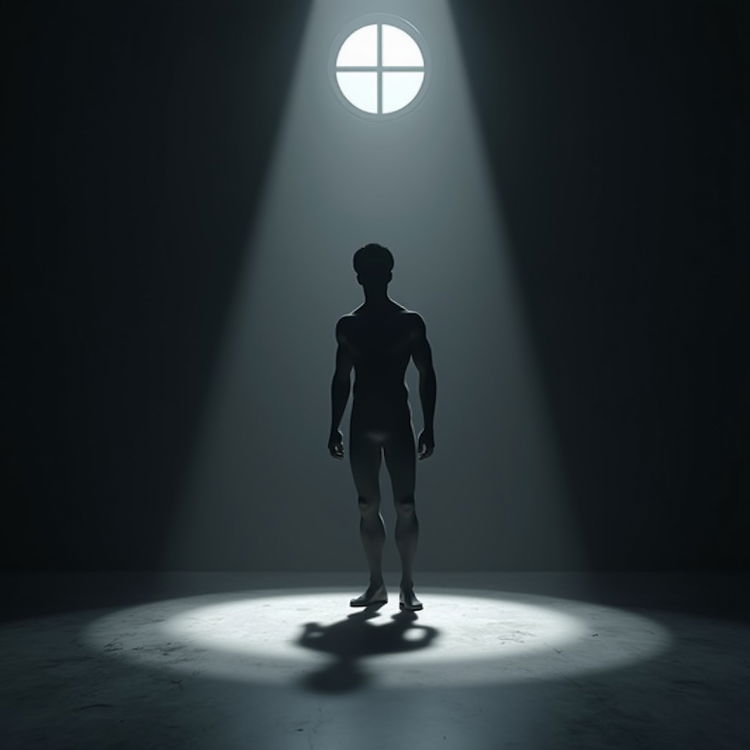A 3D humanoid shadow figure, characterized by a sleek outline, resembling a shadow cast on the ground but appearing in three dimensions