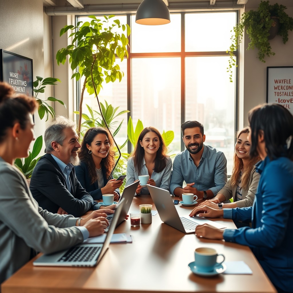A vibrant morning scene in a lively urban environment, featuring a diverse group of professionals gathered around a table with laptops and coffee cups, engaging in a friendly discussion