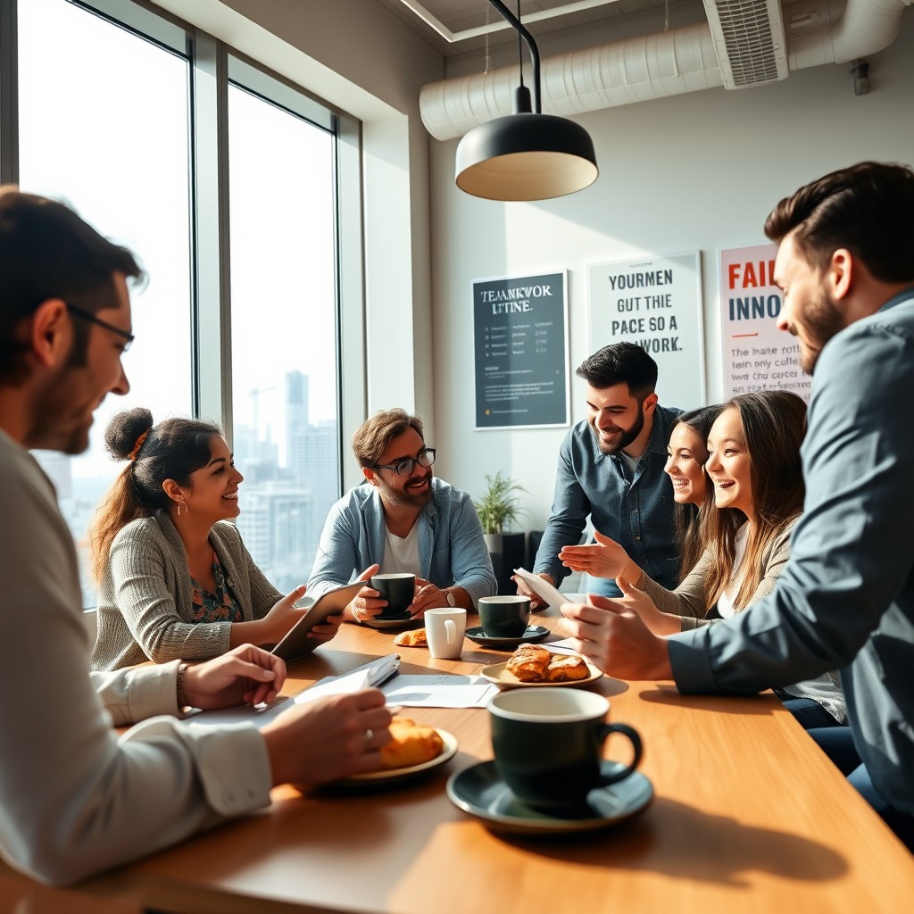 A vibrant and energetic morning scene featuring a group of diverse individuals engaging in an inspiring and productive meeting