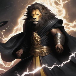 Create an image of Ki Singalodra, a Commander exuding lion's strength, enveloped in a sinister black robe, his face obscured by a mask, as he releases a thunderstorm roar, arriving from the future to eradicate evil and unite with the Avengers.