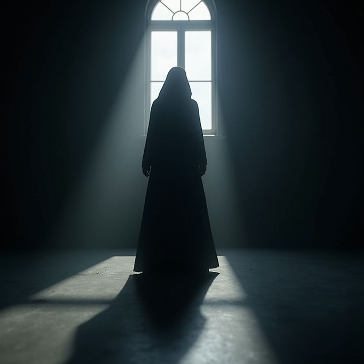 A 3D outline of a shadow figure, resembling a cloaked form without arms or legs, appearing as a literal shadow hovering half a meter above the ground