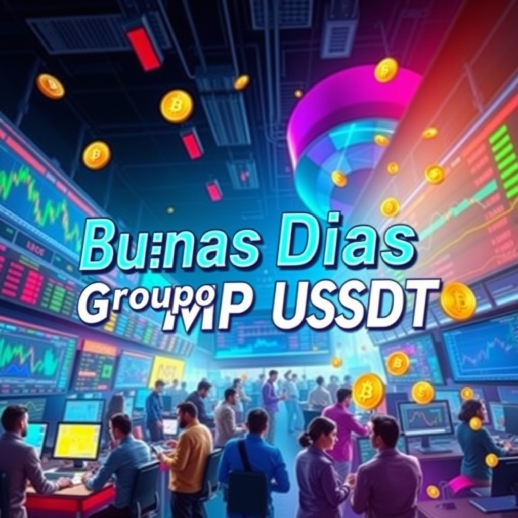 A vibrant digital art piece showcasing a bustling cryptocurrency market, with the text 'Buenos Días Grupo GMP USDT' prominently displayed in bold, futuristic font