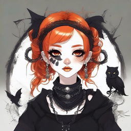 A high-quality digital art piece featuring a gothic-style girl with vibrant orange hair