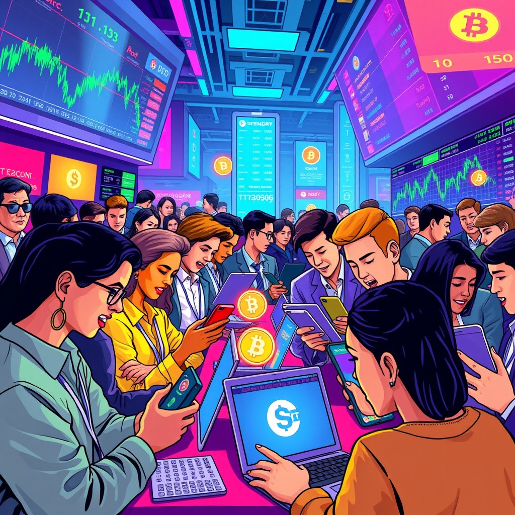 A vibrant and colorful digital illustration of a bustling cryptocurrency trading scene