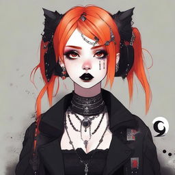 A high-quality digital art piece featuring a gothic-style girl with vibrant orange hair