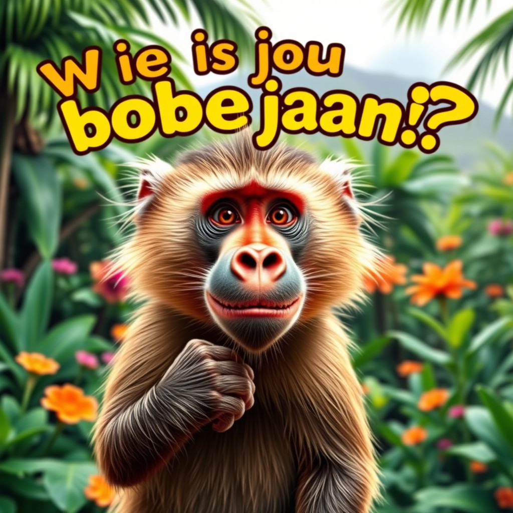A vibrant and expressive baboon with a playful and mischievous expression, set in a tropical landscape filled with lush greenery and colorful flowers