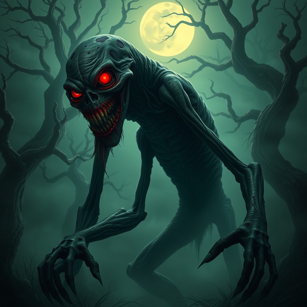 A terrifying, deformed creature with elongated limbs and a distorted face, glowing red eyes that emit a chilling glare, jagged teeth protruding from an eerie smile, dark, slimy skin covered in patches, lurking in a shadowy forest environment