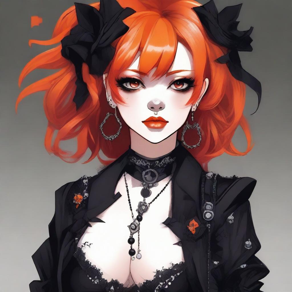 A high-quality digital art piece featuring a gothic-style girl with vibrant orange hair