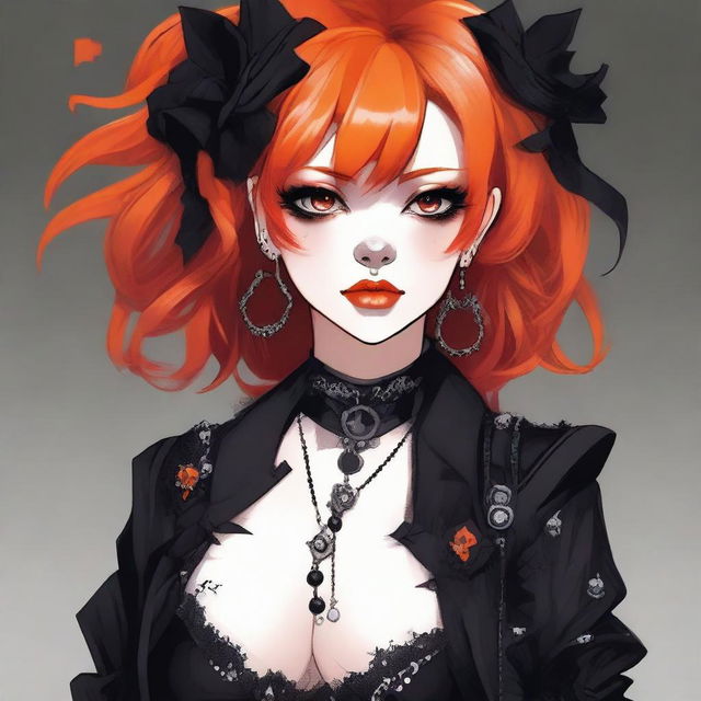 A high-quality digital art piece featuring a gothic-style girl with vibrant orange hair