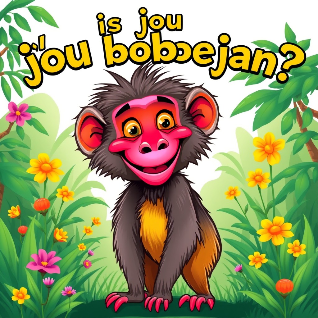 A vibrant and colorful illustration of a baboon with a playful expression, standing proudly in a lush green jungle setting