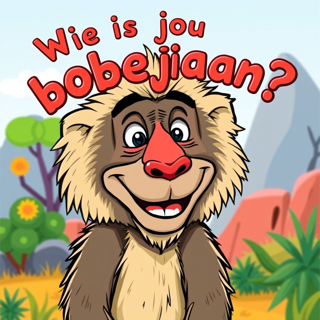 A vibrant and playful illustration of a baboon with a lively expression, set against a colorful, nature-themed background