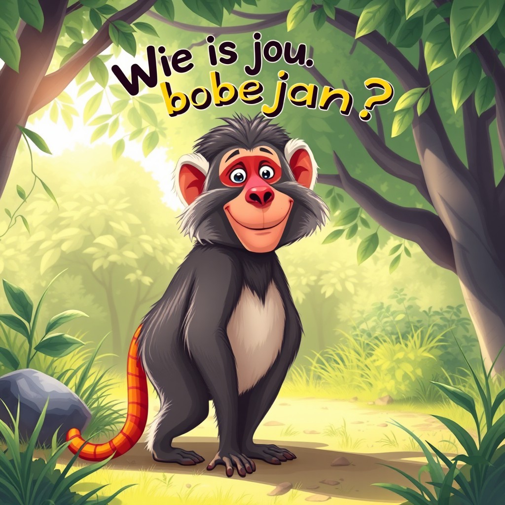A vibrant and playful illustration of a baboon standing proudly in a natural habitat, surrounded by lush greenery and gently swaying trees