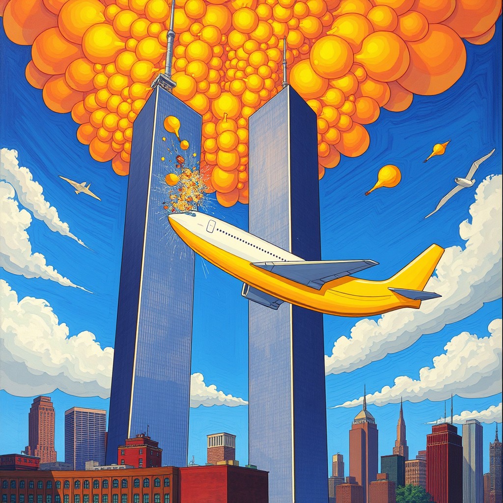 The Twin Towers being struck by a banana-shaped airplane, an exaggerated and whimsical scene that blends surrealism with a fantastical twist, showcasing vibrant colors and cartoonish elements
