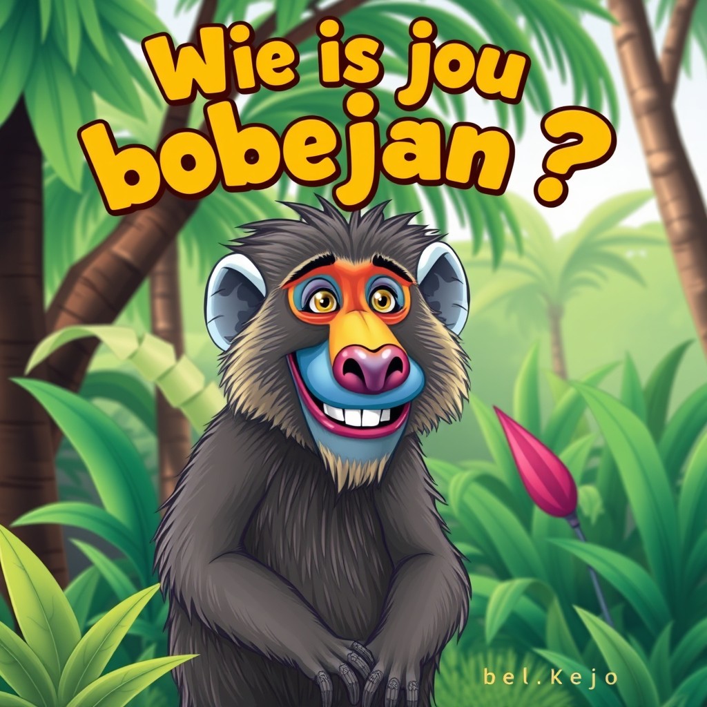 A vibrant, detailed illustration of a baboon, with a mischievous expression on its face, situated in a lush, green environment