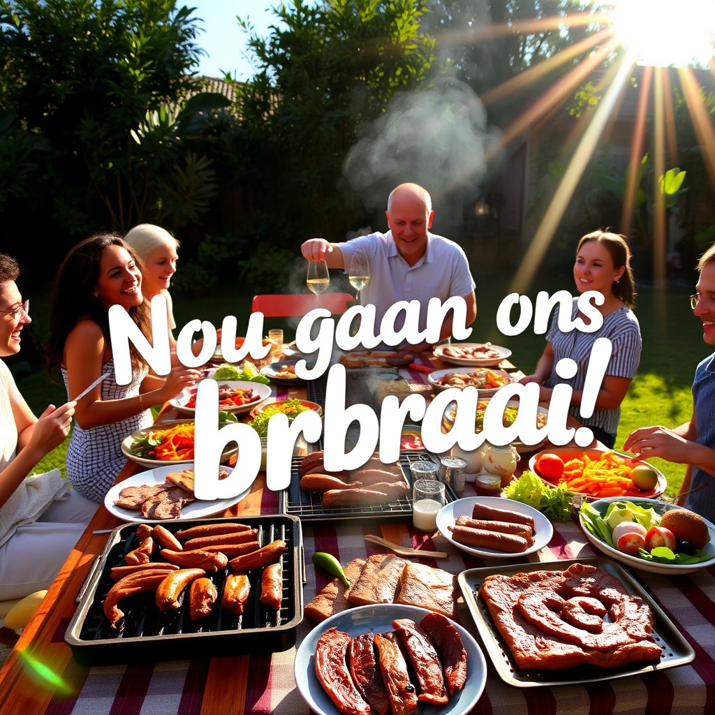 A vibrant outdoor scene featuring a traditional South African braai (barbecue) in full swing