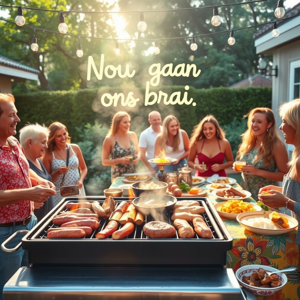 A vibrant outdoor scene depicting a lively South African braai (barbecue) party