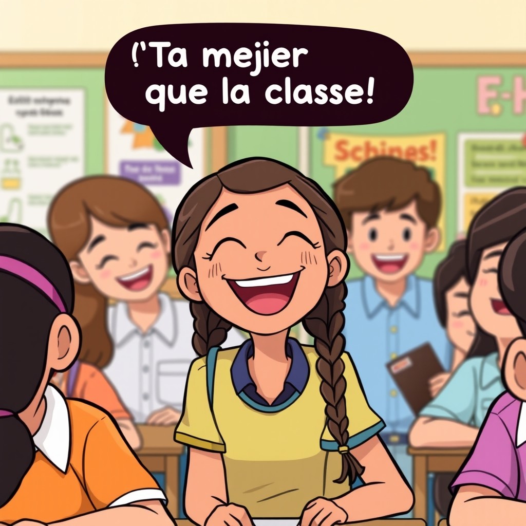 A vibrant cartoon scene featuring Alumna 3, a girl with braids, laughing heartily with a big smile