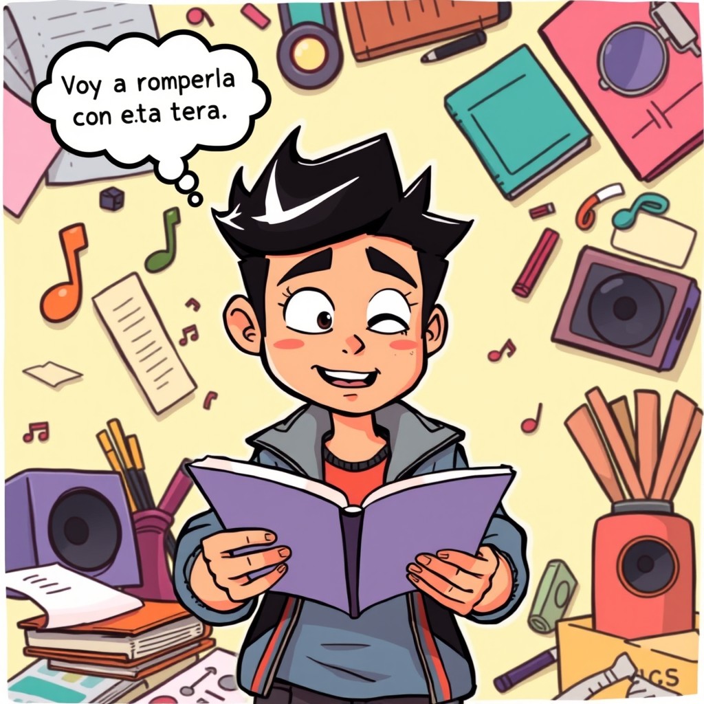 A vibrant cartoon scene featuring Alumno 1, a boy with a confident expression, deeply focused on writing rap lyrics in his notebook