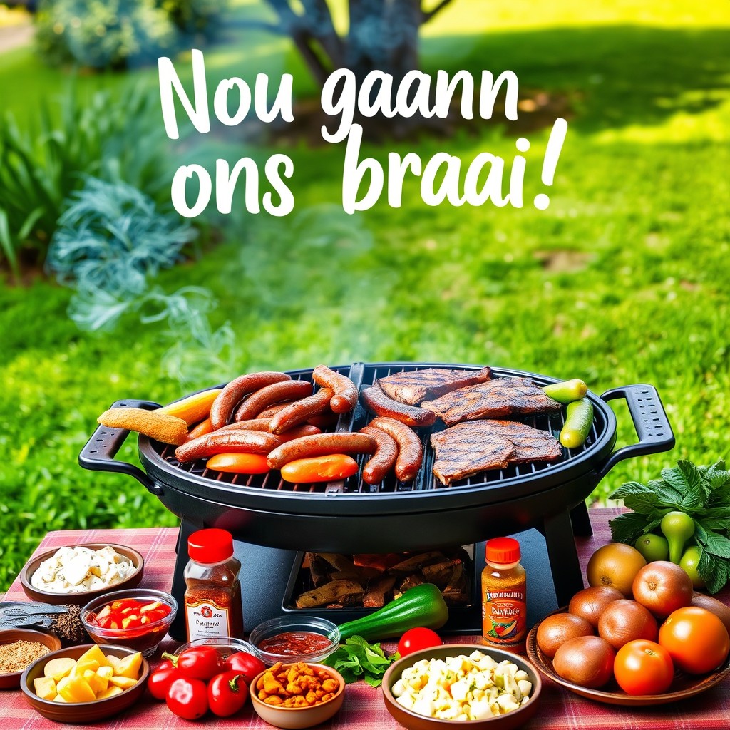 A beautifully arranged outdoor braai scene that depicts a typical South African barbecue setup featuring a traditional braai grill filled with sizzling meats like boerewors and steaks