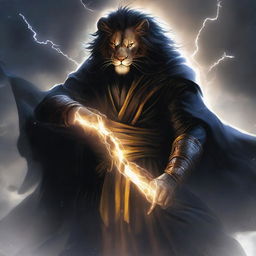 Create an image of Ki Singalodra, a Commander exuding lion's strength, enveloped in a sinister black robe, his face obscured by a mask, as he releases a thunderstorm roar, arriving from the future to eradicate evil and unite with the Avengers.