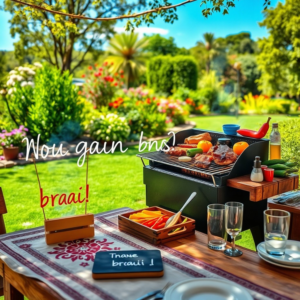 A picturesque scene of a braai (barbecue) set up in a beautiful outdoor setting, featuring a charcoal grill filled with sizzling meat, colorful vegetables grilling on the side, and various condiments placed nearby