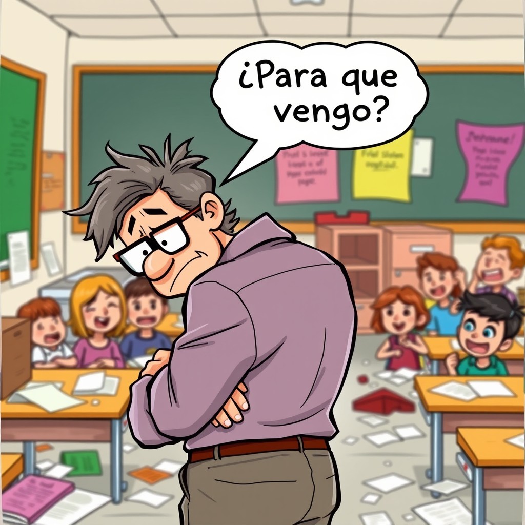 A humorous cartoon scene featuring a frustrated teacher, depicted as a middle-aged man with tousled hair and glasses, turning around with an exasperated expression