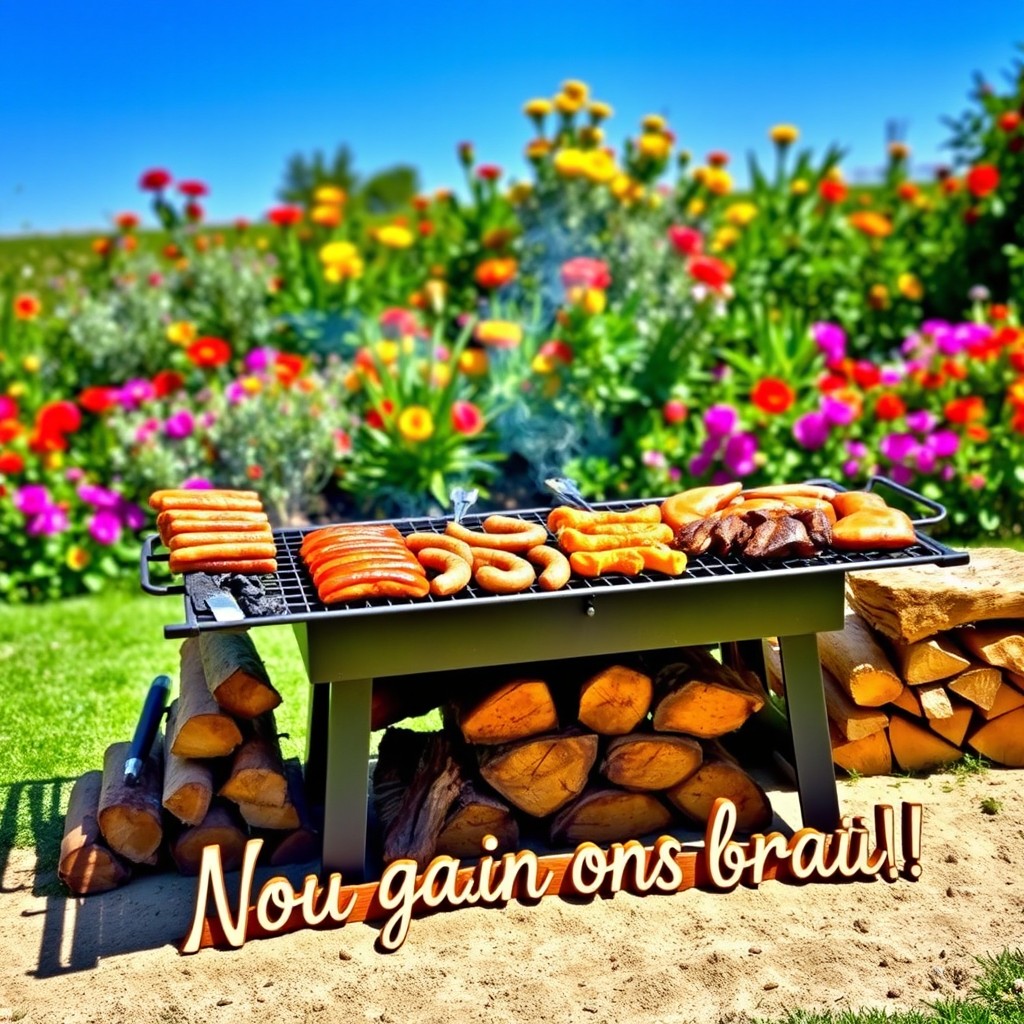 A beautifully arranged outdoor braai setup, featuring a charcoal grill surrounded by neatly stacked firewood, grilling tools, and an assortment of meats such as boerewors, steaks, and chicken, sizzling with smoke