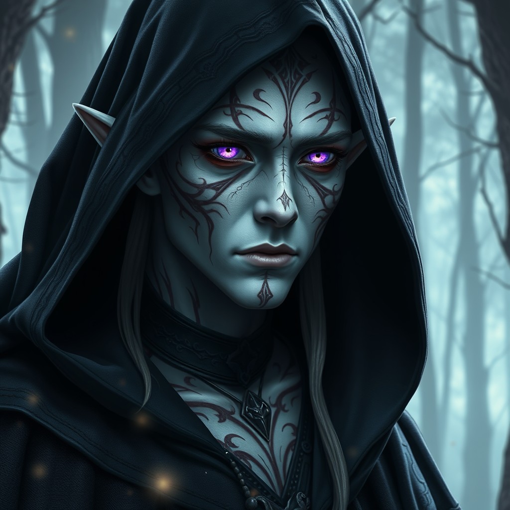 A male elf with striking albino skin, featuring intricate burns that tell a poignant story of resilience and survival