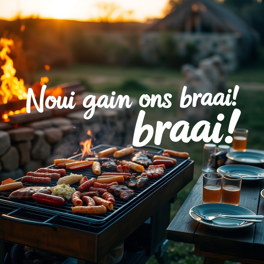 A beautifully arranged braai scene featuring a traditional South African barbecue setup