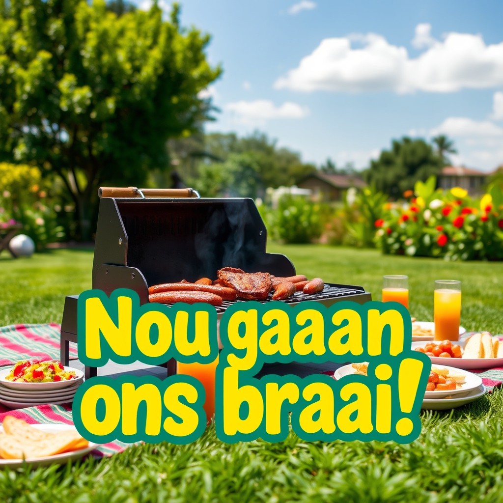 A vibrant outdoor scene of a traditional South African braai setup, featuring a charcoal grill filled with juicy steaks and sausages, surrounded by neatly arranged side dishes like salad, bread, and beverages