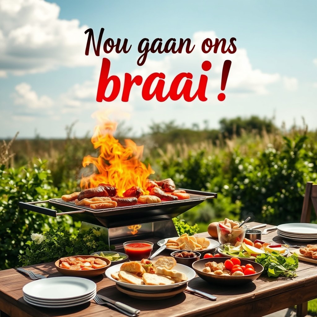 A beautifully set outdoor braai scene, featuring a traditional South African barbecue grill filled with various meats and vegetables sizzling over an open flame
