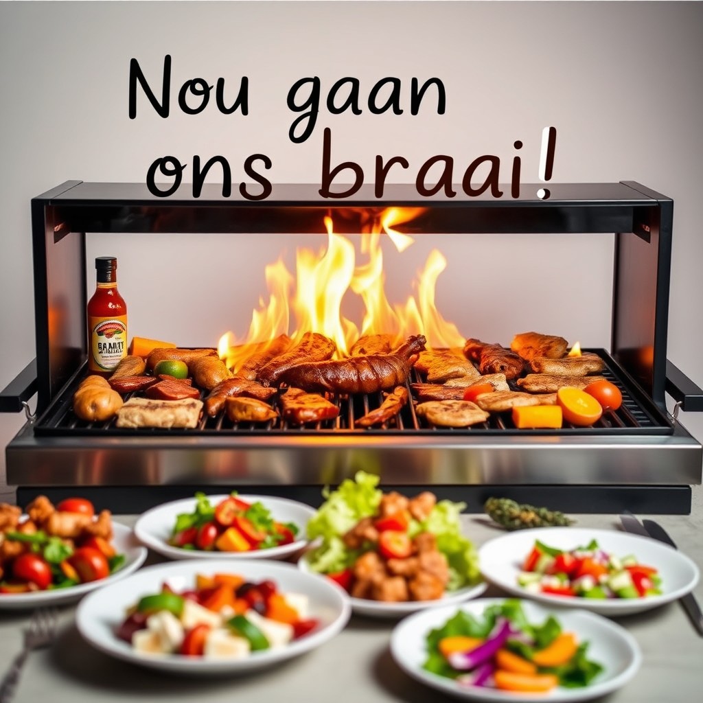 A beautifully styled braai setup featuring a grill with a variety of meats and vegetables sizzling over the flames