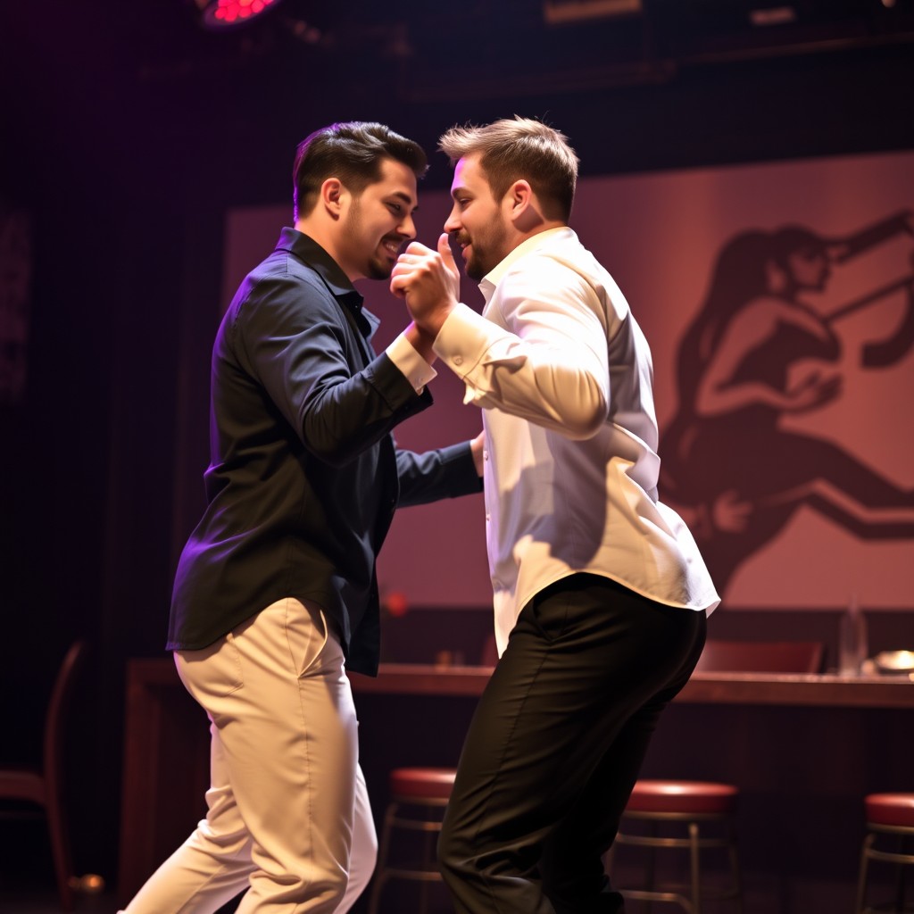 Two men on stage, one dressed in black and the other in white, engaged in a captivating dance that showcases the chemistry between them