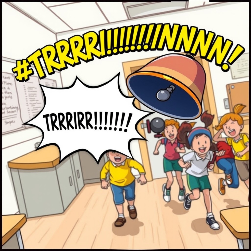 A lively cartoon scene depicting a school bell ringing to signal recess, with an exaggerated visual of the bell vibrating