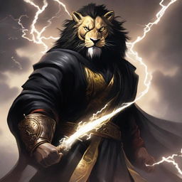 Create an image of Ki Singalodra, a Commander exuding lion's strength, enveloped in a sinister black robe, his face obscured by a mask, as he releases a thunderstorm roar, arriving from the future to eradicate evil and unite with the Avengers.