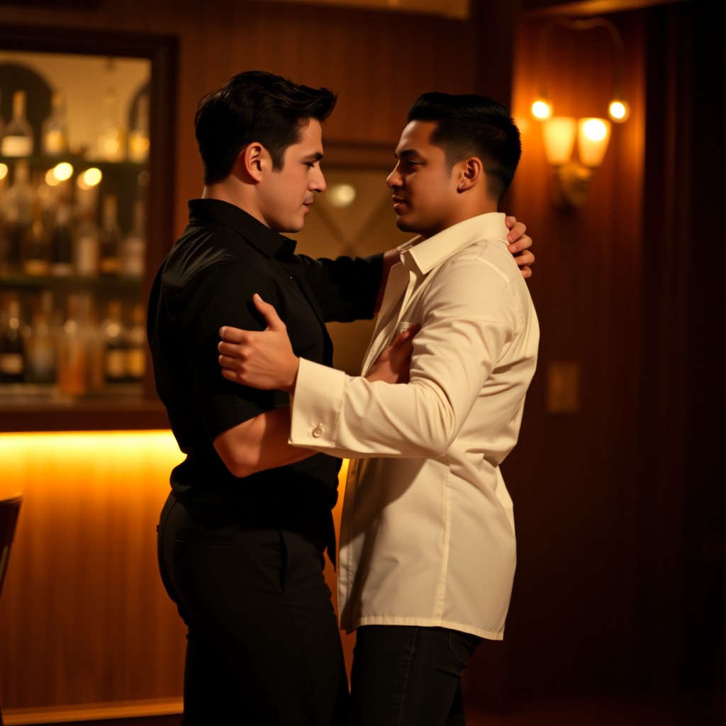 Two men on stage, one in black and the other in white, dancing together with palpable chemistry between them