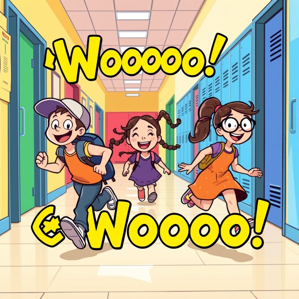 A lively cartoon scene set in a school corridor with students bursting out of classrooms for recess