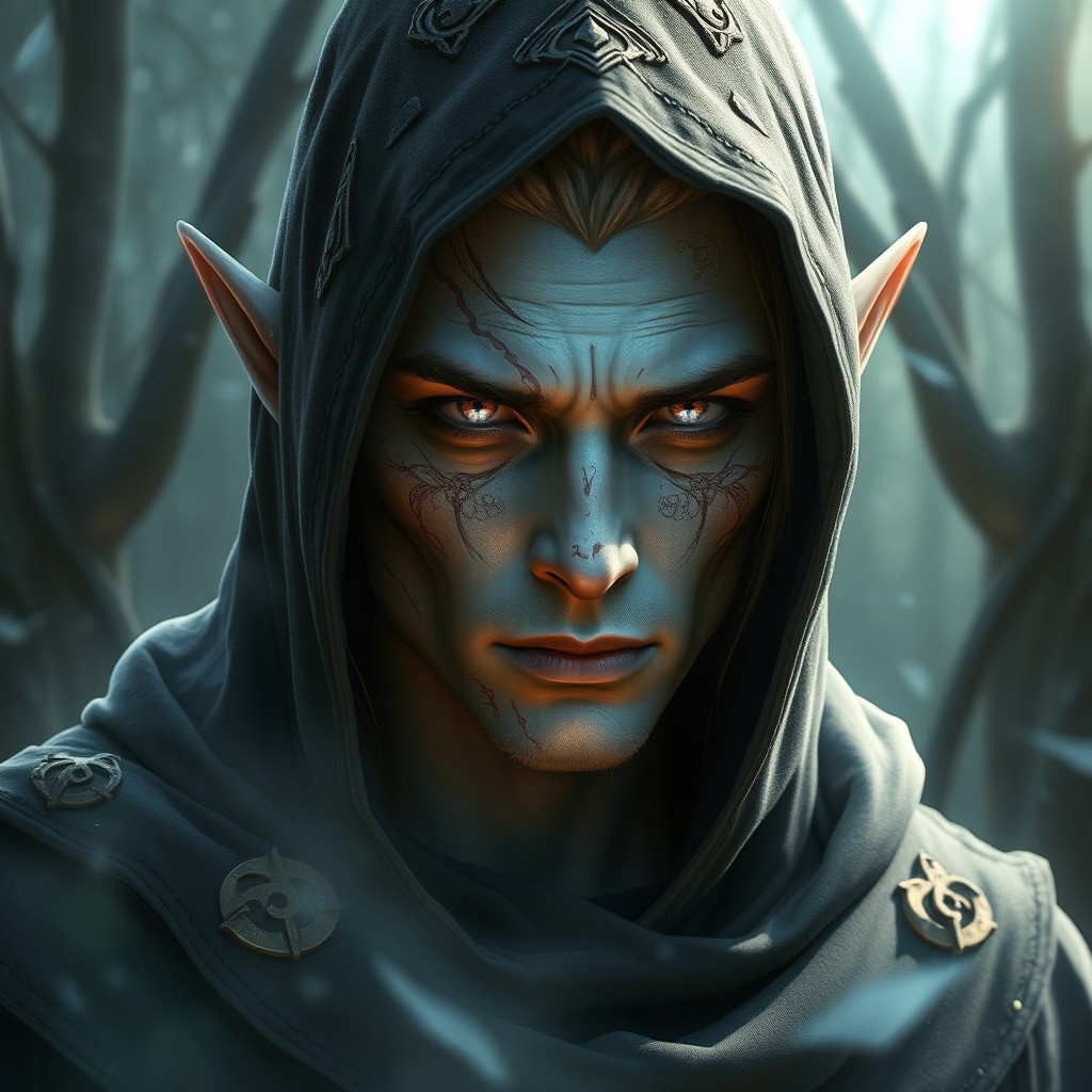 A male elf with striking albino skin, adorned with various scars that reflect his tumultuous past and battle experiences