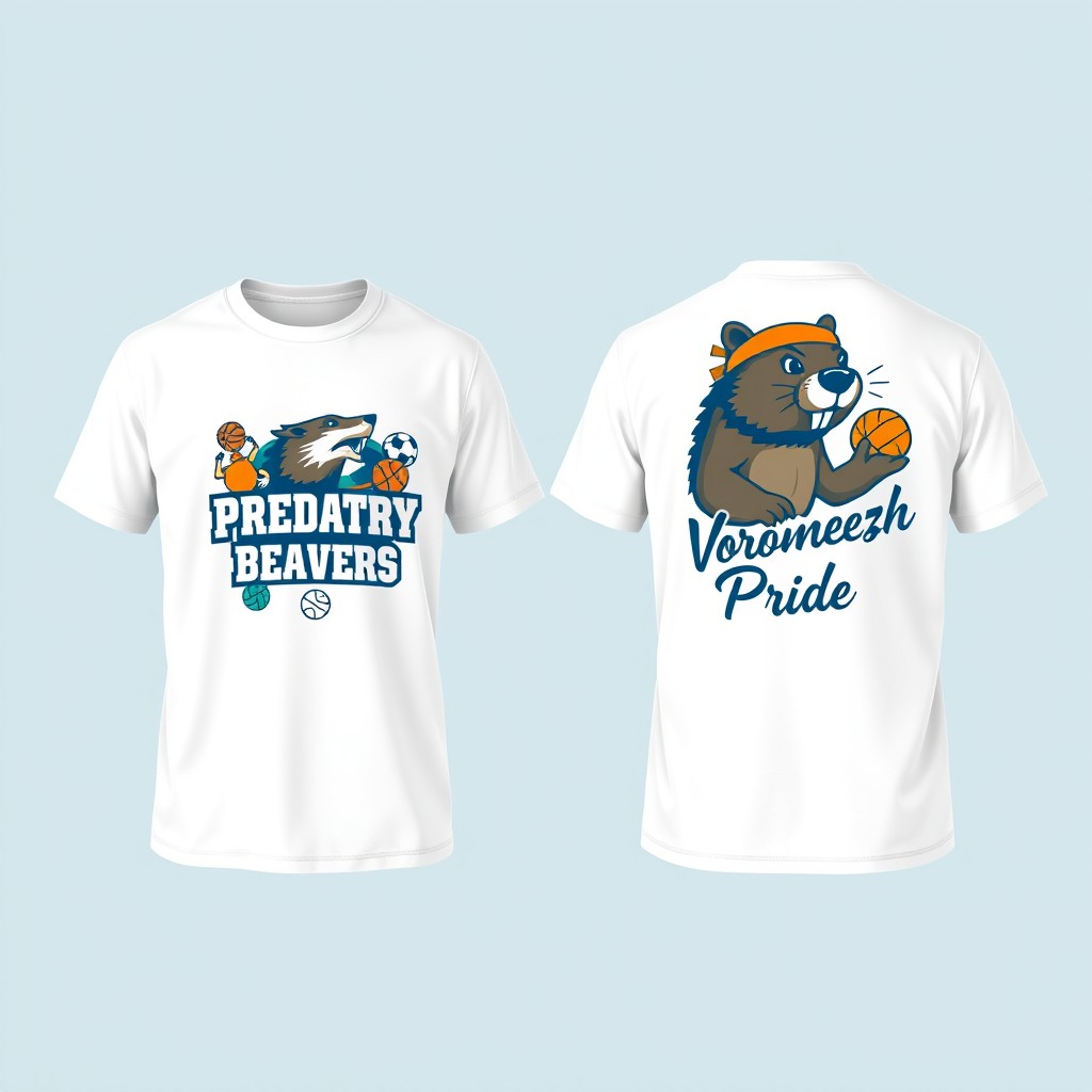 A unique and eye-catching design for a custom white T-shirt featuring the logo of the student sports club 'Predatory Beavers'