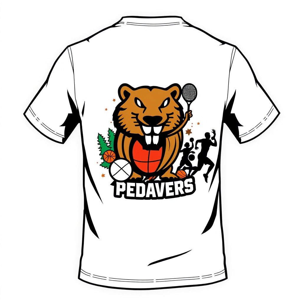 A unique and custom-designed white T-shirt featuring the logo of the student sports club "Predatory Beavers" prominently on the front