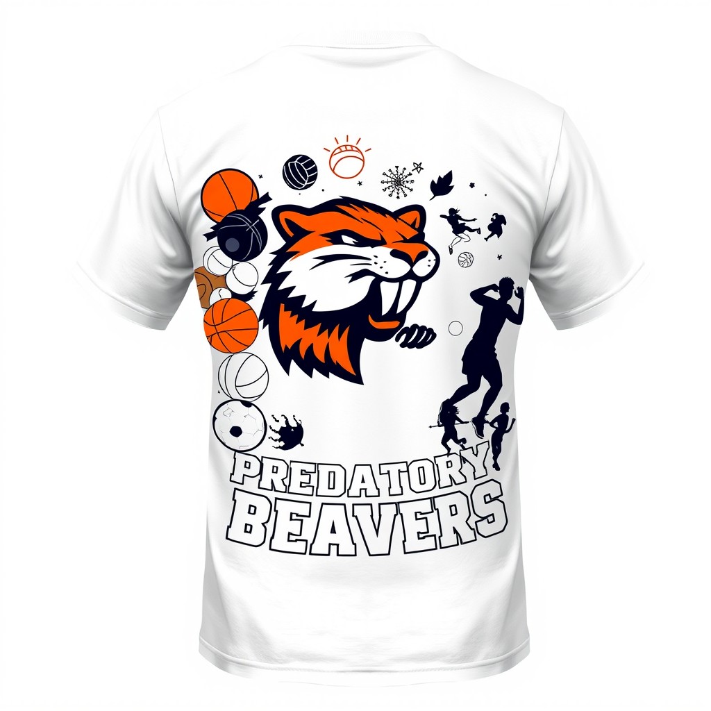 A custom-designed white T-shirt featuring the logo of the student sports club "Predatory Beavers" prominently placed on the front