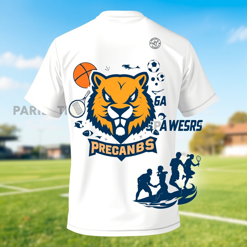 A custom-designed white T-shirt featuring the distinctive logo of the student sports club "Predatory Beavers" displayed prominently on the front