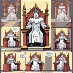 A 2D comic strip featuring an evil king sitting on his throne