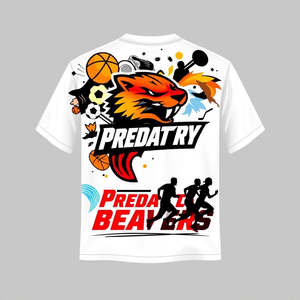 A custom white T-shirt design incorporating the logo of the student sports club "Predatory Beavers" prominently on the front